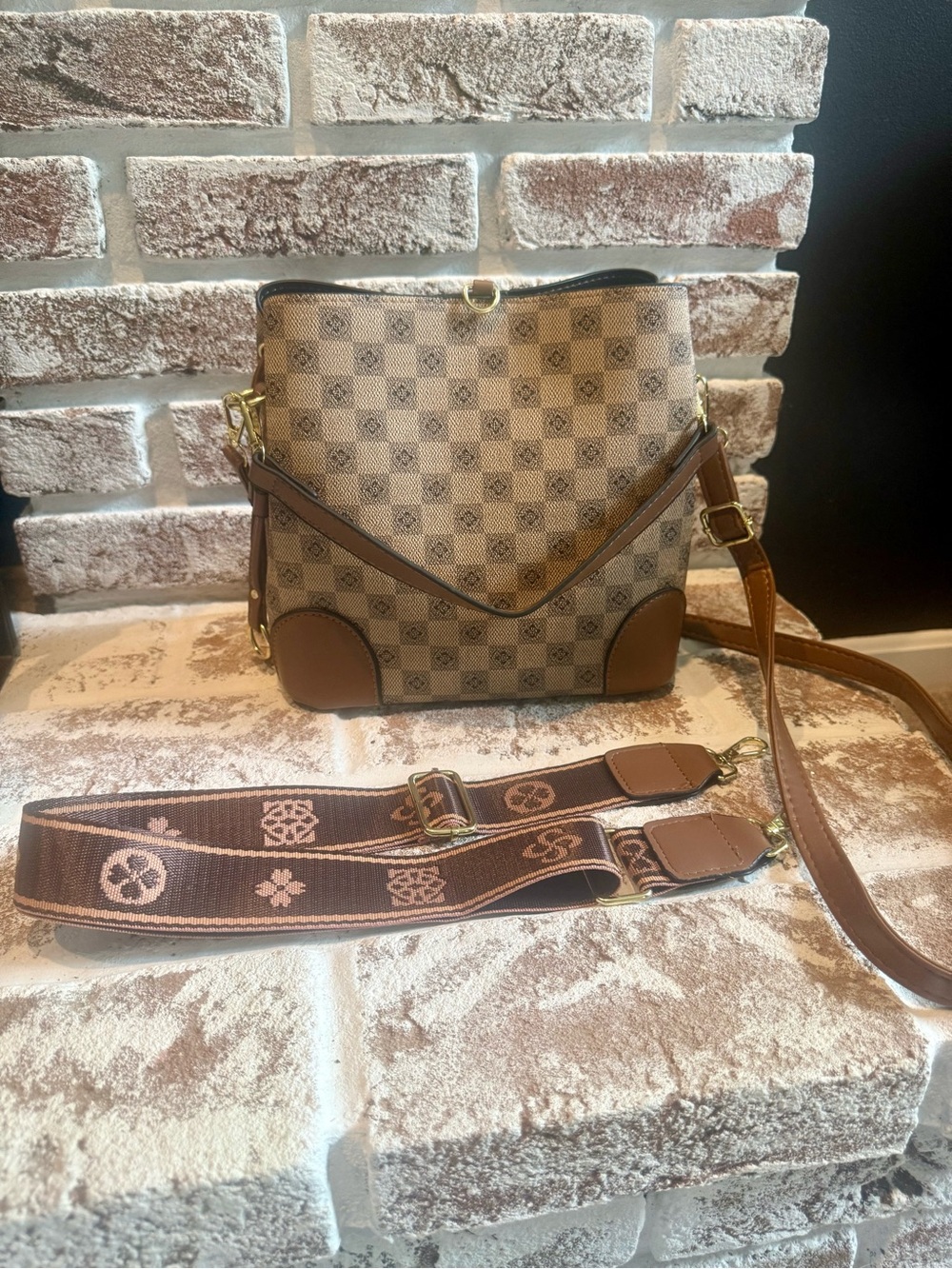 Designer-Style Brown Check Canvas Crossbody Bag with 2 Interchangeable Straps
